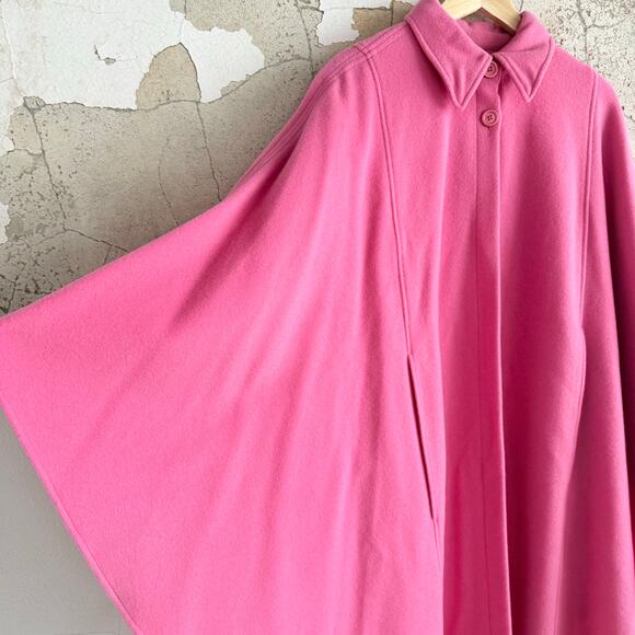 Vtg 90s Cape Coat Pink 100% Wool Swing Overcoat Button Front Poncho Capelet Glam - Picture 2 of 10